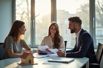 Jeune couple avec conseiller financier dans un bureau lumineux