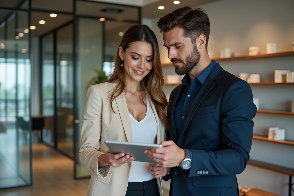 Couple consultant une visite virtuelle 360 degrés de maison de luxe sur tablette dans une agence immobilière moderne