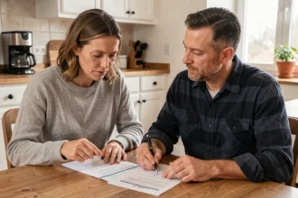 Couple examinant un contrat d'assurance habitation à la table de cuisine