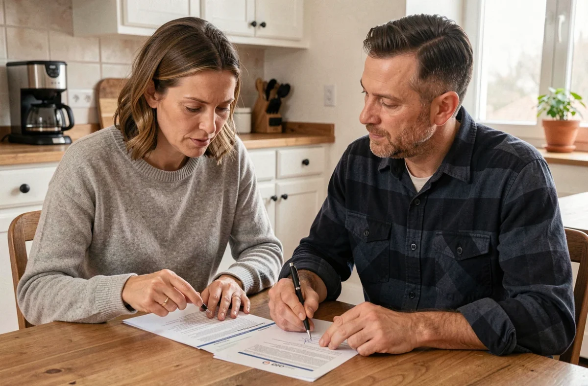 Couple examinant un contrat d'assurance habitation à la table de cuisine