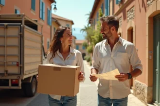 Couple déménageant dans le sud de la France avec un camion de déménagement dans une rue provençale typique