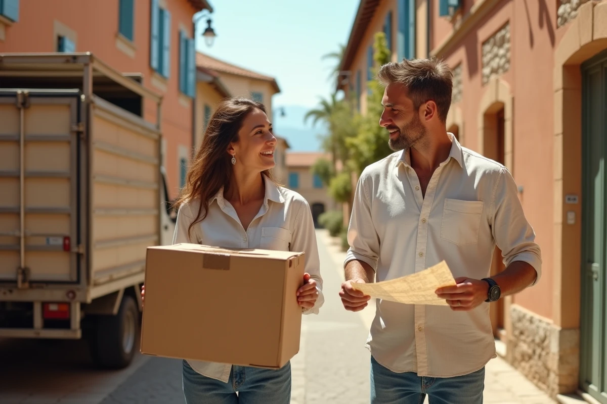 Couple déménageant dans le sud de la France avec un camion de déménagement dans une rue provençale typique