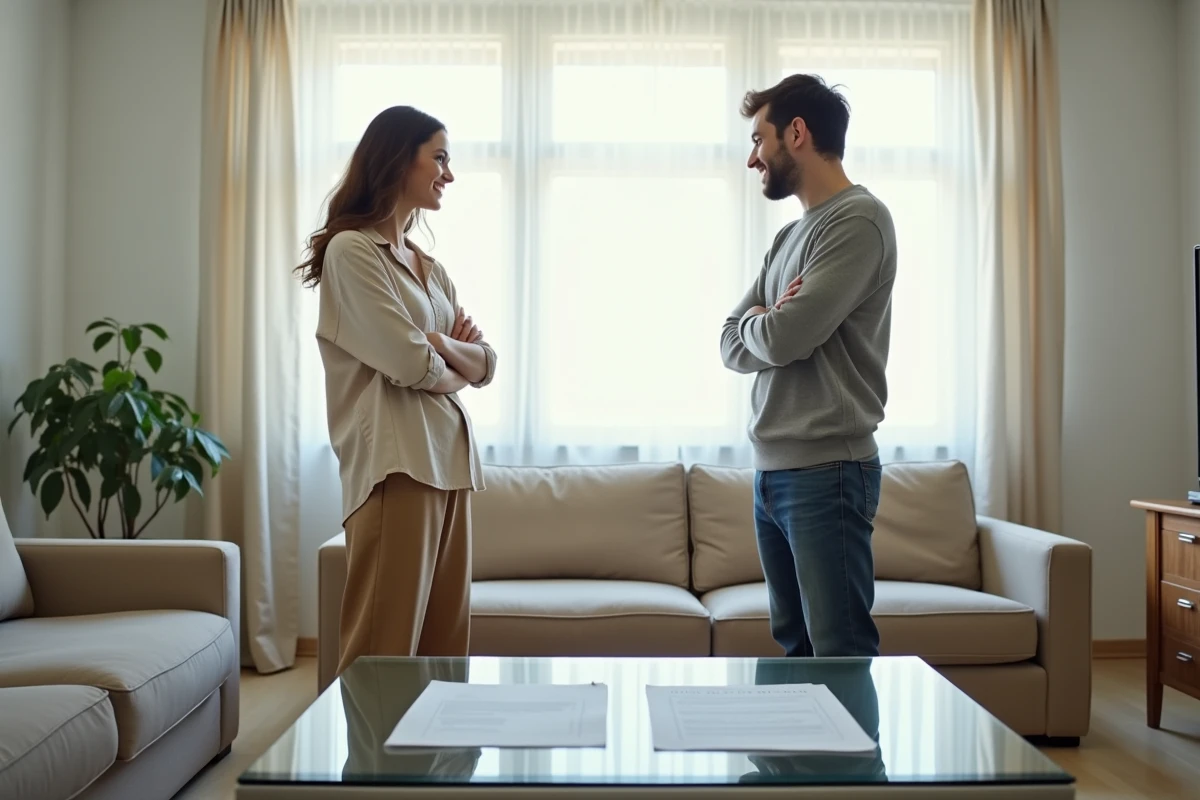 Couple en désaccord dans un appartement en indivision entouré de documents de propriété immobilière