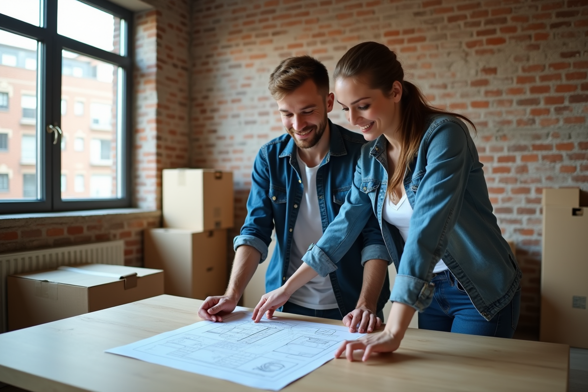 Jeune couple discutant plans de renovation dans un salon
