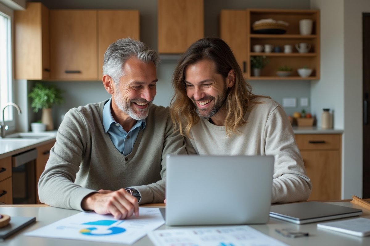 Couple souriant discutant de documents dans une cuisine moderne