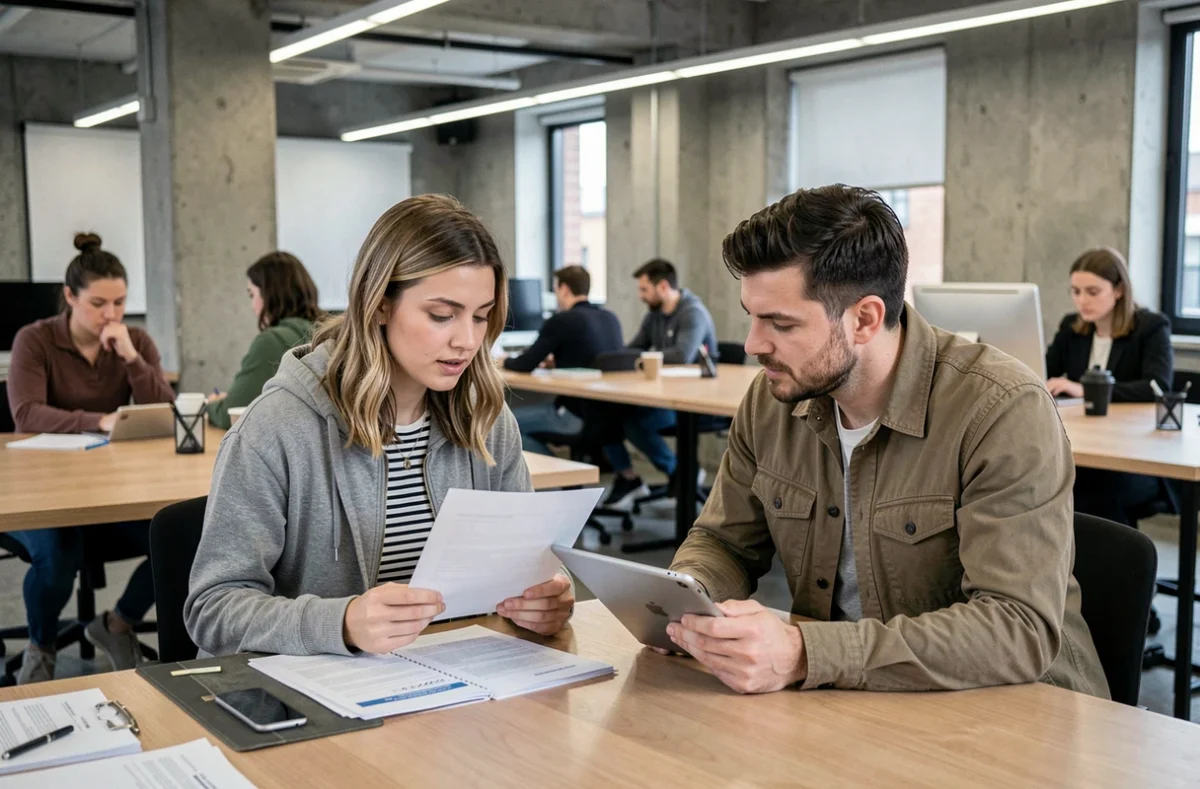 Couple examinant ensemble les documents de demande de logement avec un code Action Logement dans un espace de coworking
