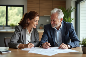 Couple d'adultes examinant des documents immobiliers dans une maison moderne