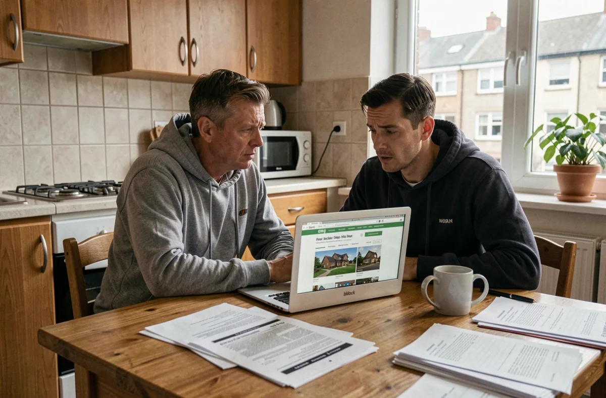 Un couple examine des contrats immobiliers sur ordinateur à leur domicile, représentant la réflexion avant d'investir avec un promoteur immobilier