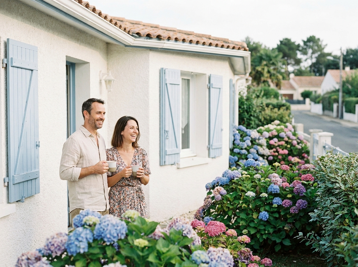 Couple devant une maison individuelle avec jardin à Royan, façade blanche et volets bleus typiques de la région