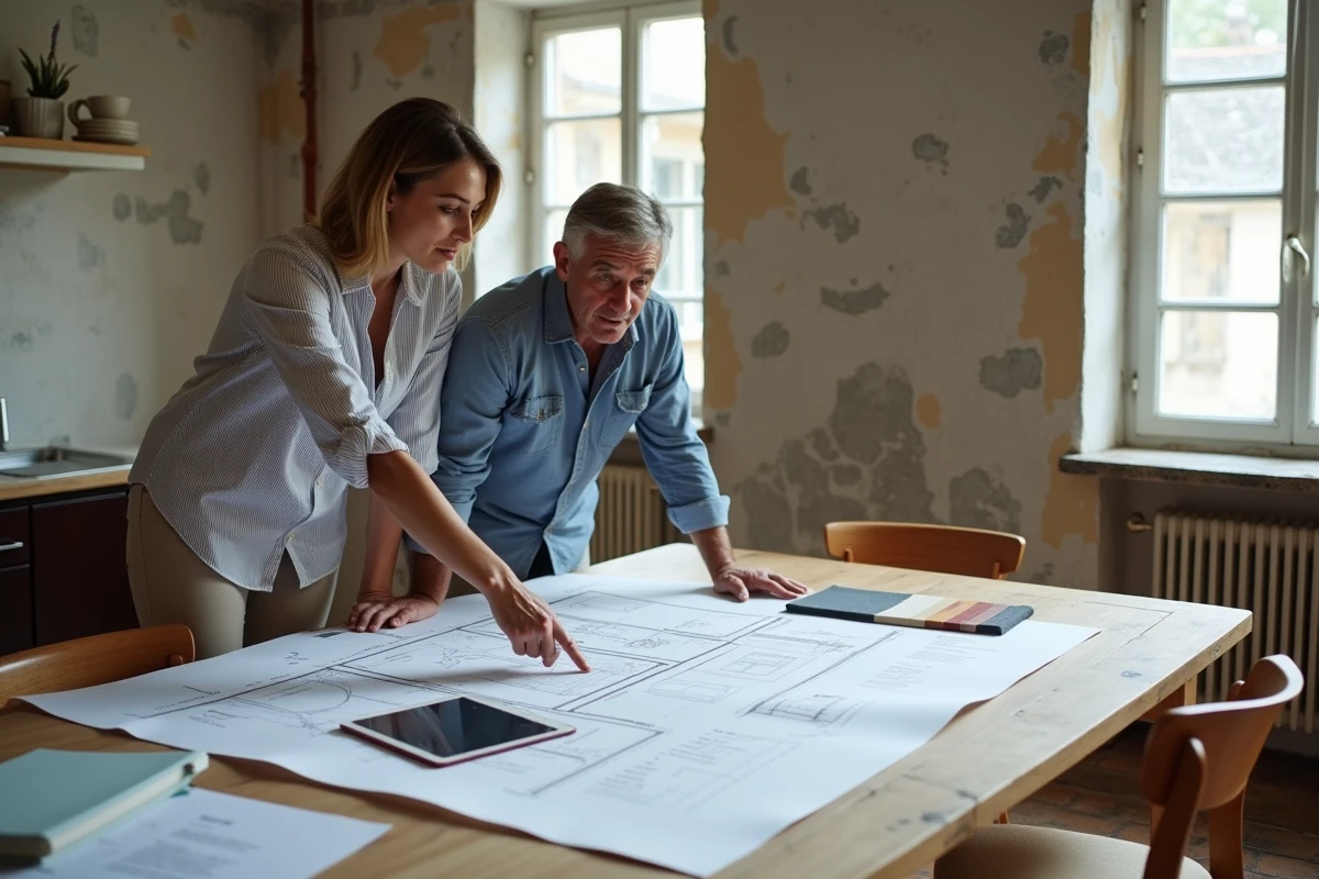 Couple étudiant des plans de rénovation et des échantillons de matériaux sur une table dans un appartement en travaux