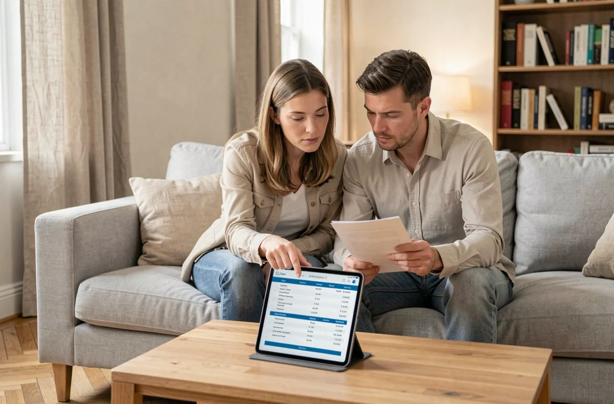 Couple consultant le relevé de charges de copropriété en ligne via MyCitya Mon compte sur une tablette dans leur salon