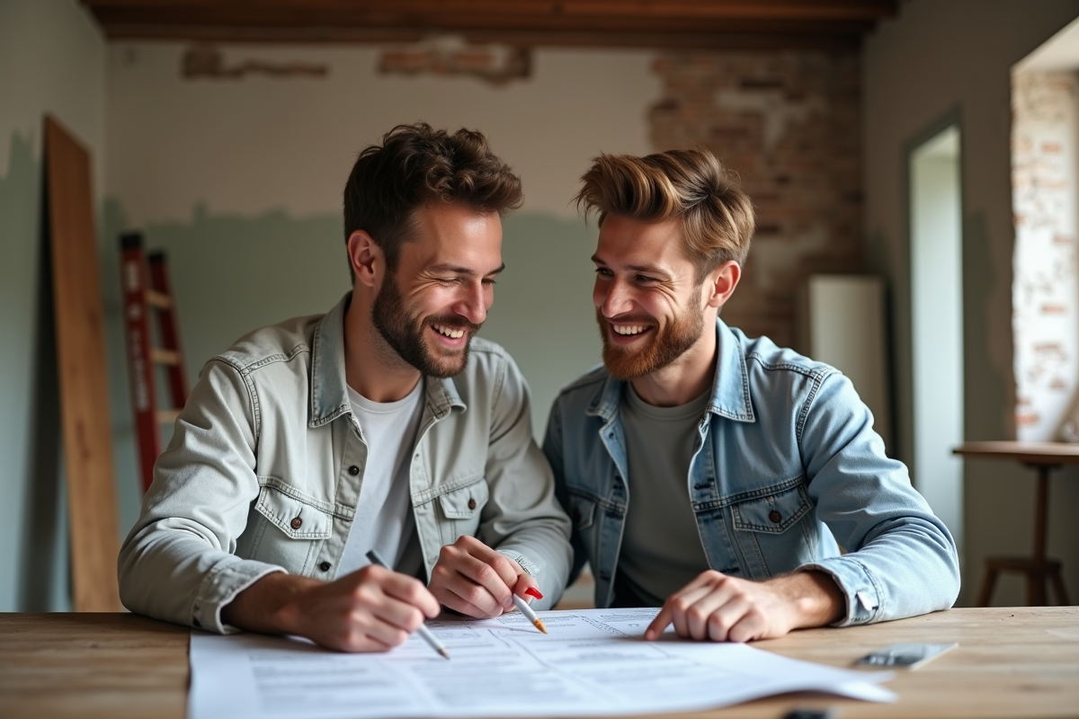 Couple souriant en plan rapproché lors d'une rénovation maison