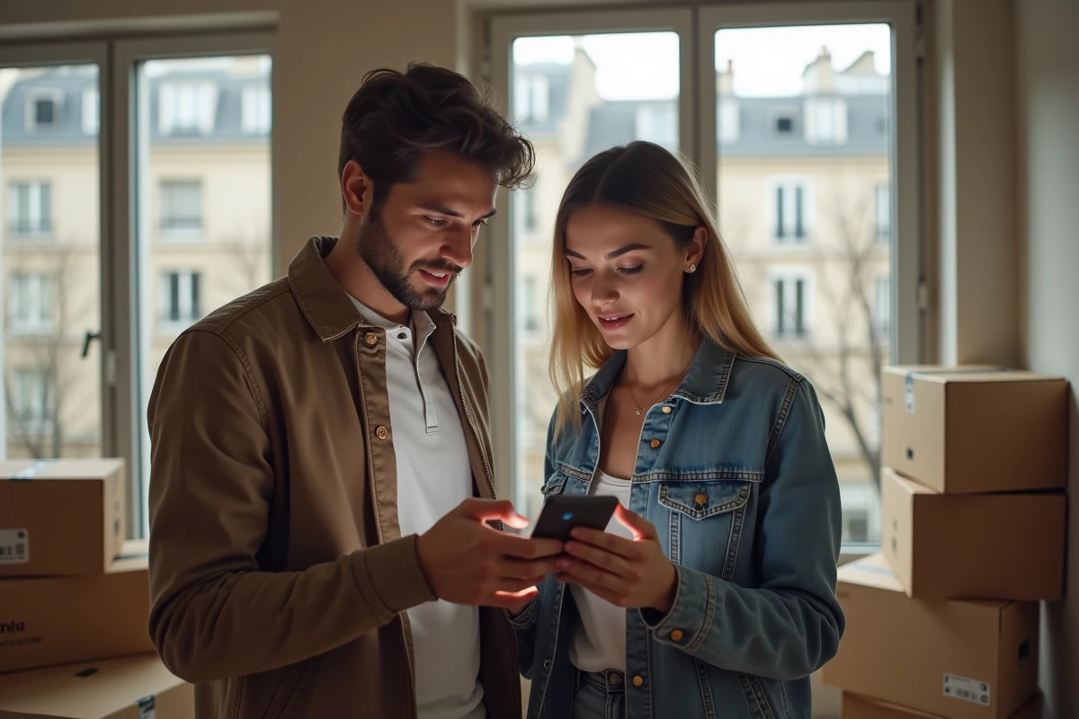 Couple dans un appartement vide souscrivant un nouveau contrat EDF en ligne lors d'un déménagement