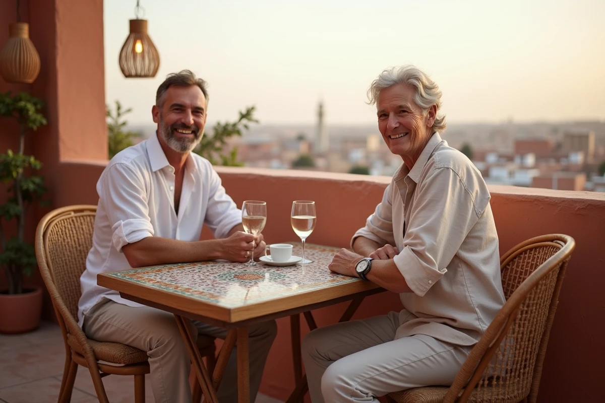 Couple souriant sur une terrasse avec vue sur la medina