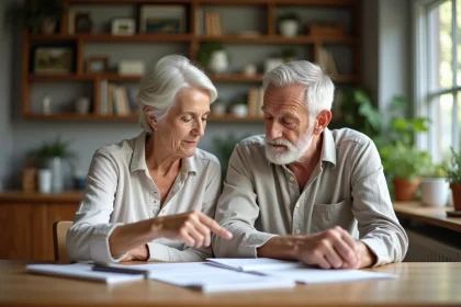 Couple de seniors examinant des documents de transmission immobilière à leur table de cuisine familiale