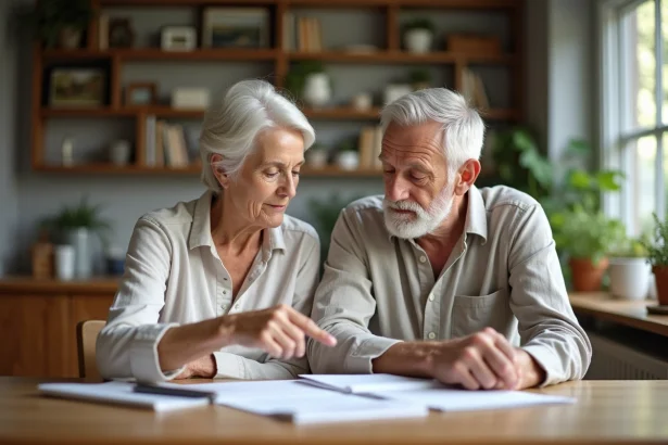 Couple de seniors examinant des documents de transmission immobilière à leur table de cuisine familiale