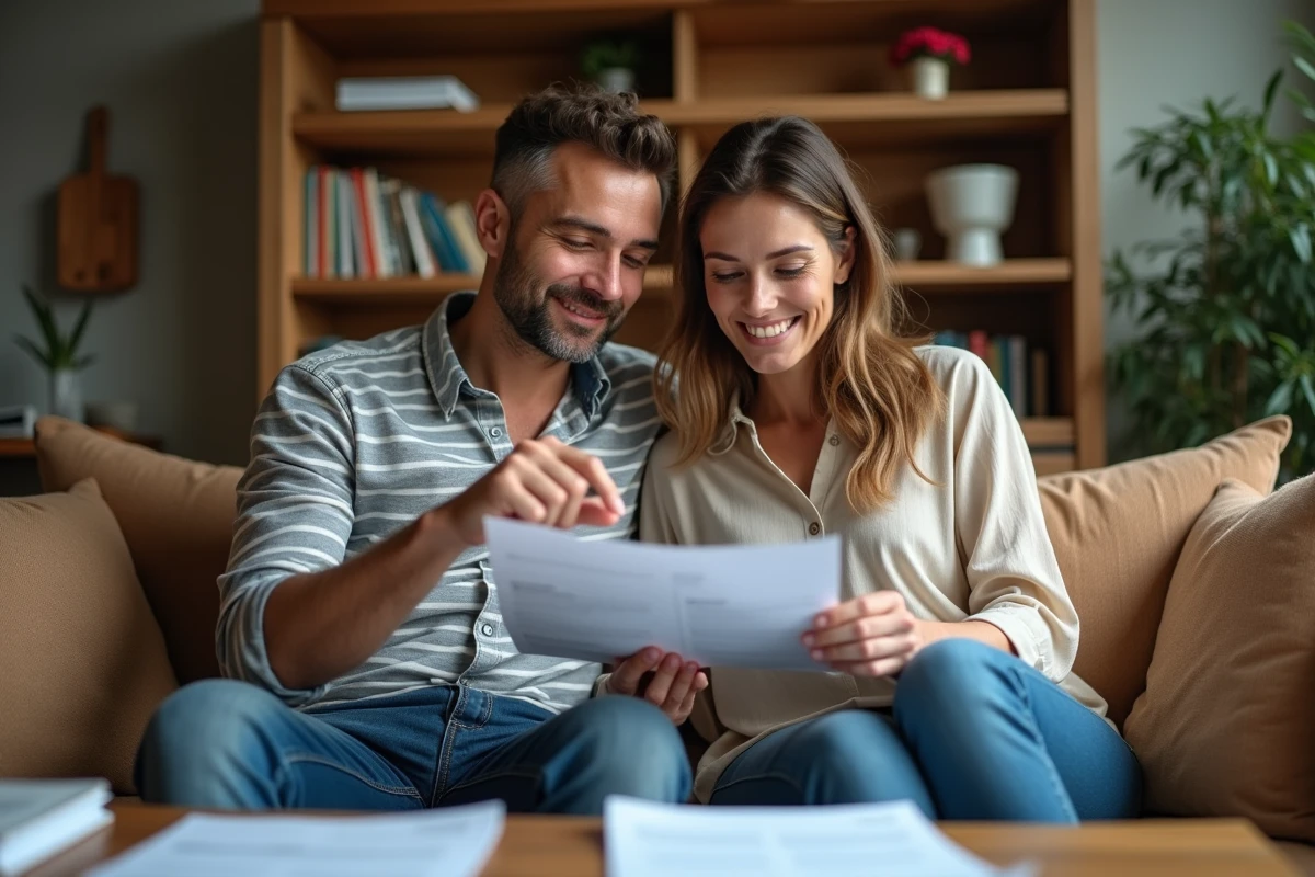 Couple examinant ensemble les documents nécessaires pour une demande de logement social dans leur salon