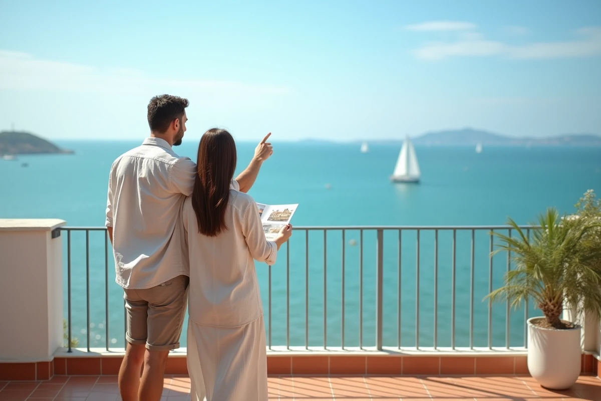 Couple visitant un appartement avec vue sur la mer à prix abordable en vue d'un achat immobilier