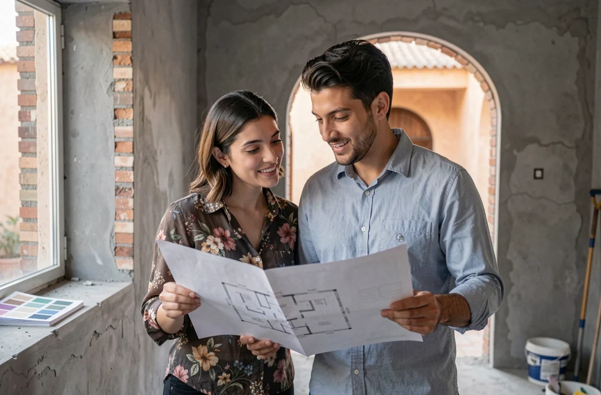 Couple marocain visitant une maison à rénover à Marrakech dans le cadre d'un achat immobilier à petit budget