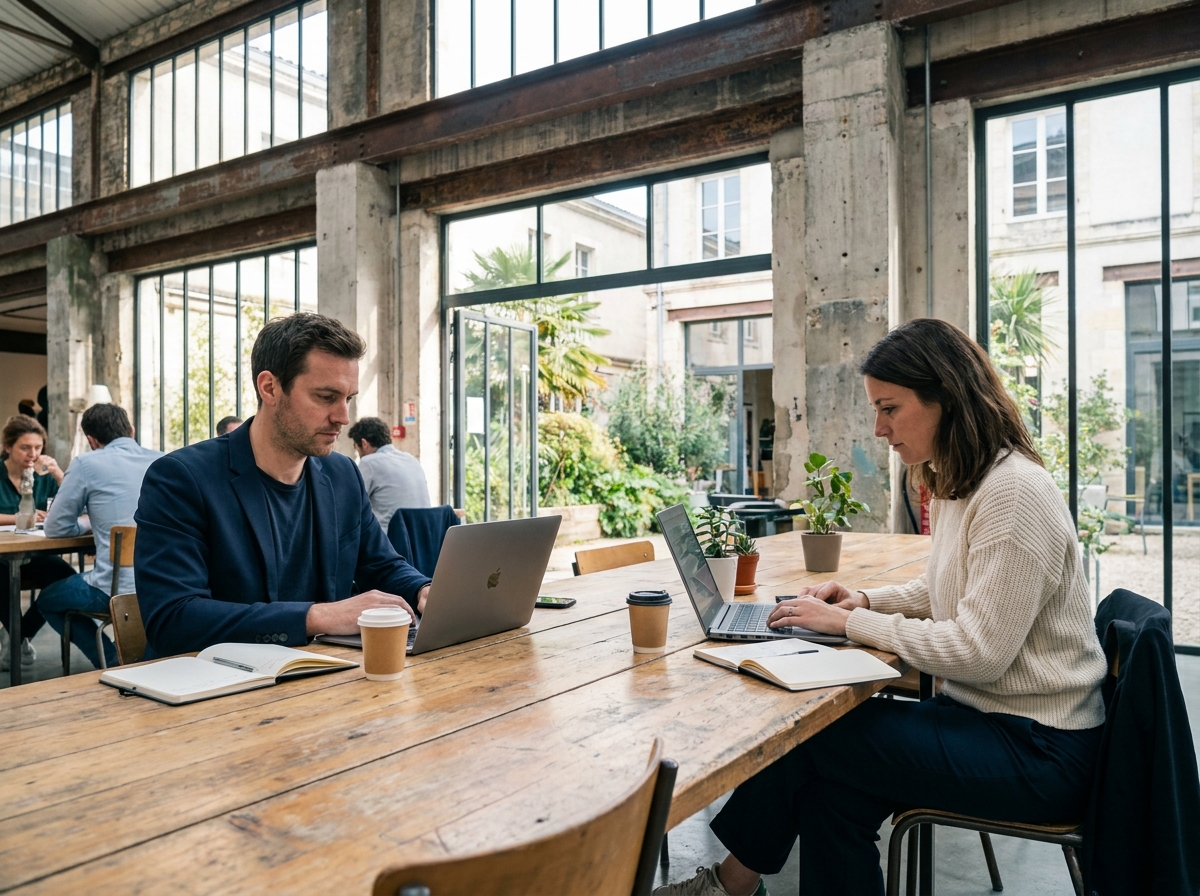 Espace de coworking dans un bâtiment industriel réhabilité à Bordeaux avec des télétravailleurs au travail