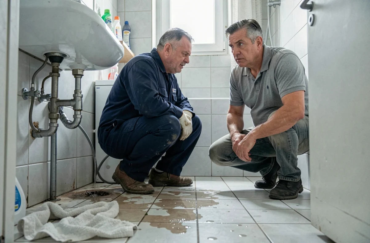 Dégât des eaux dans une salle de bain d'appartement avec plombier et propriétaire inquiet