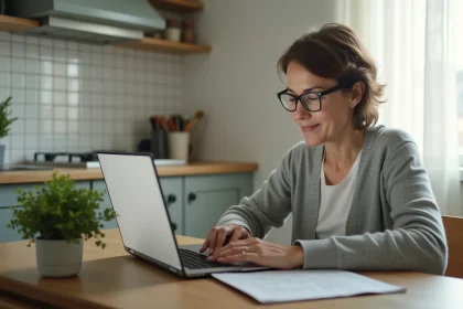 Femme remplissant une demande de logement social en ligne sur un ordinateur portable dans une cuisine modeste et bien rangée