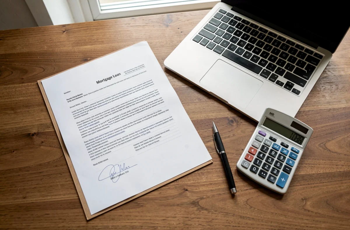 Dossier de prêt, calculatrice et ordinateur posés sur un bureau