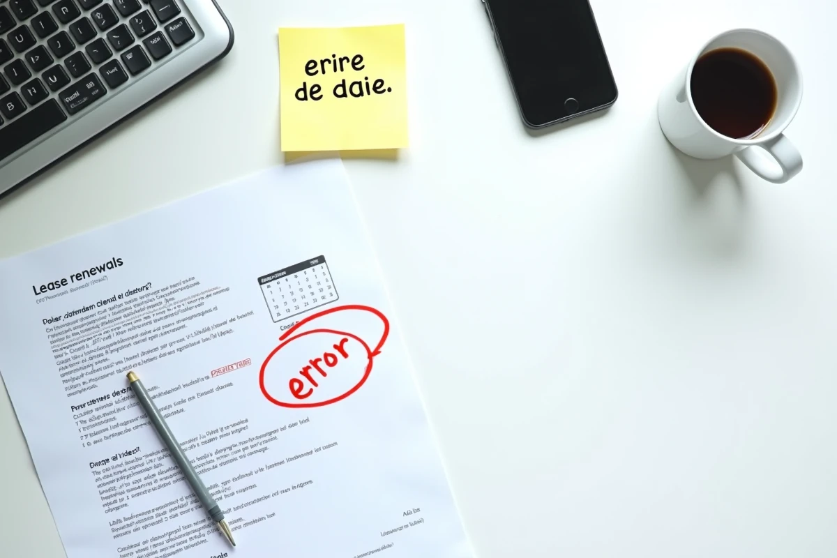 Vue de dessus d'un dossier de révision de loyer avec une erreur de date cerclée en rouge sur un bureau professionnel