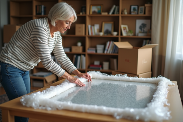 Femme emballant une grande peinture dans un salon cosy