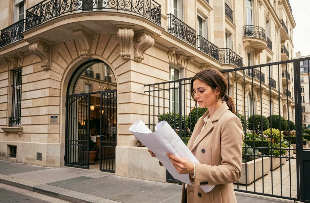 Immeuble résidentiel premium à Paris avec façade en pierre sculptée et balcons en fer forgé, architecte étudiant des plans devant l'entrée, évoquant le positionnement architectural haut de gamme d'Emerige