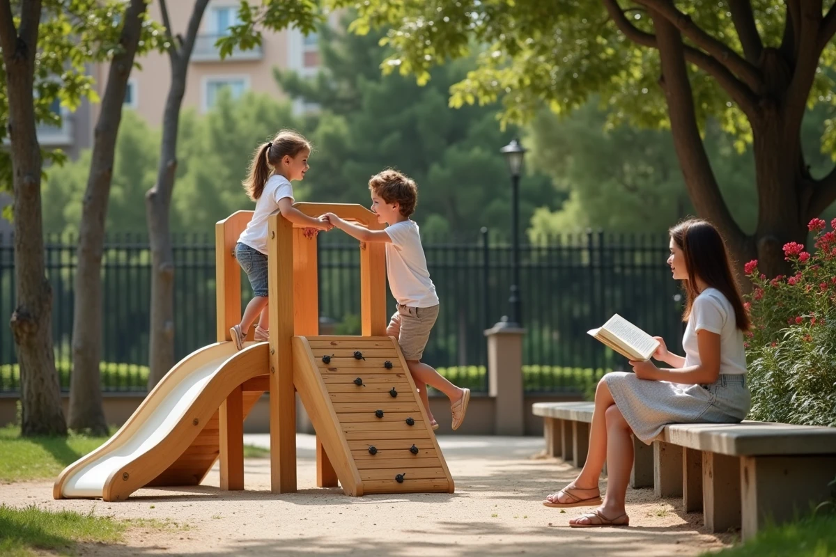 Enfants jouant dans un parc de Barcelone pendant que leur mère se repose sur un banc