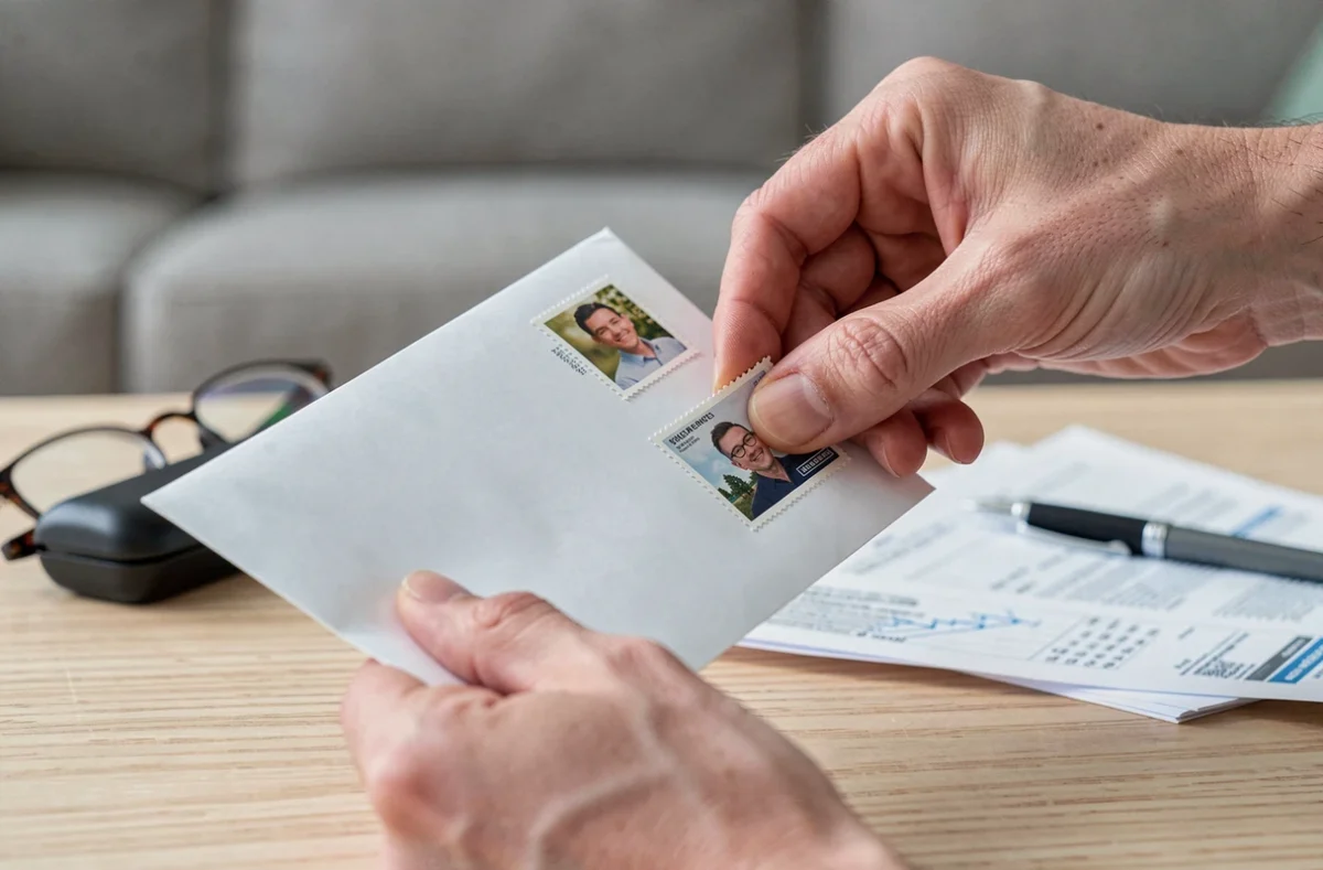 Gros plan sur une enveloppe timbrée contenant une lettre de résiliation d'assurance habitation