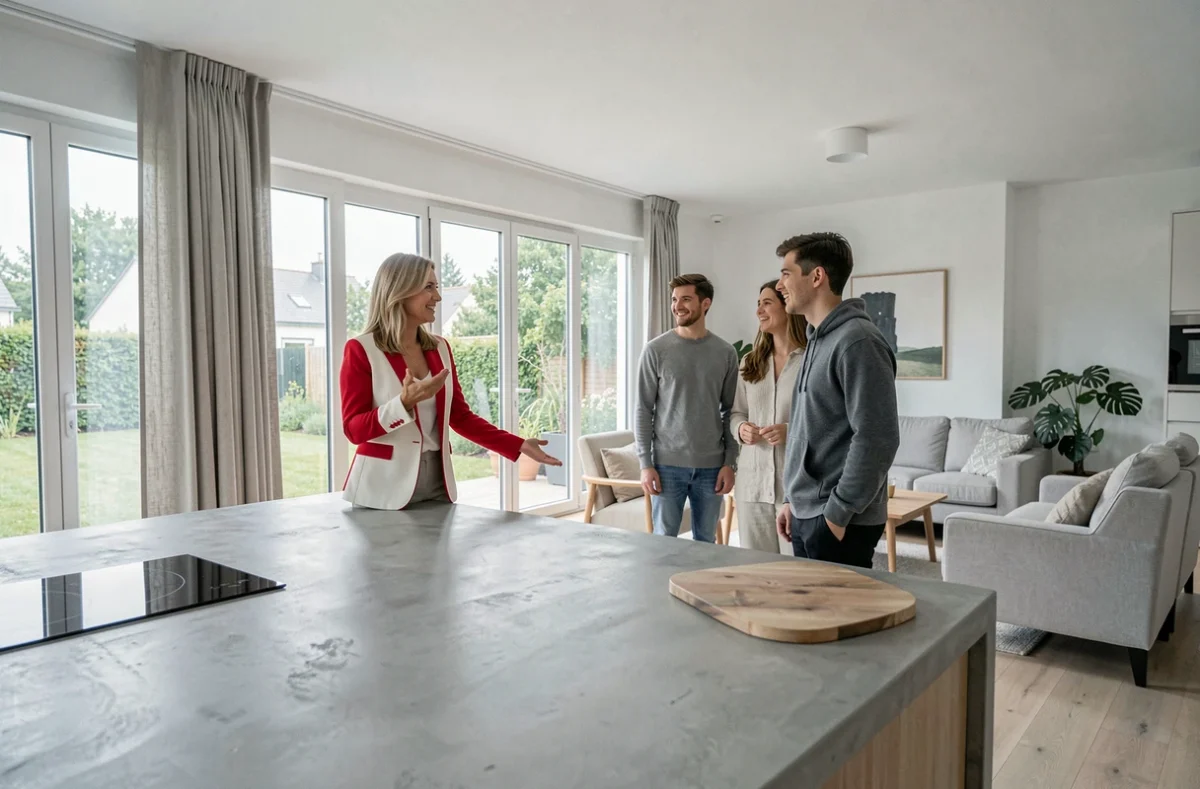 Conseillère ERA Immobilier faisant visiter une maison neuve à des acquéreurs dans l'Orne