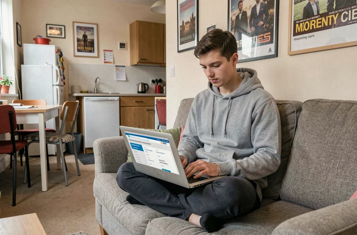 Étudiant comparant des offres d'assurance multirisque habitation sur son ordinateur en colocation