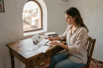 Étudiante cherchant un appartement à louer à Essaouira, assise à un bureau dans un appartement typique de la médina avec des murs blanchis à la chaux