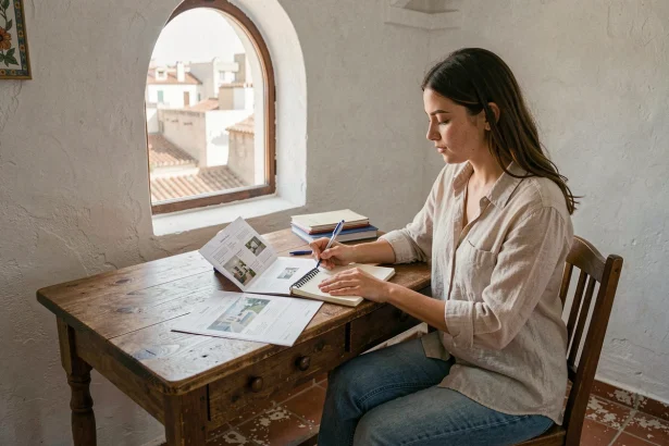 Étudiante cherchant un appartement à louer à Essaouira, assise à un bureau dans un appartement typique de la médina avec des murs blanchis à la chaux