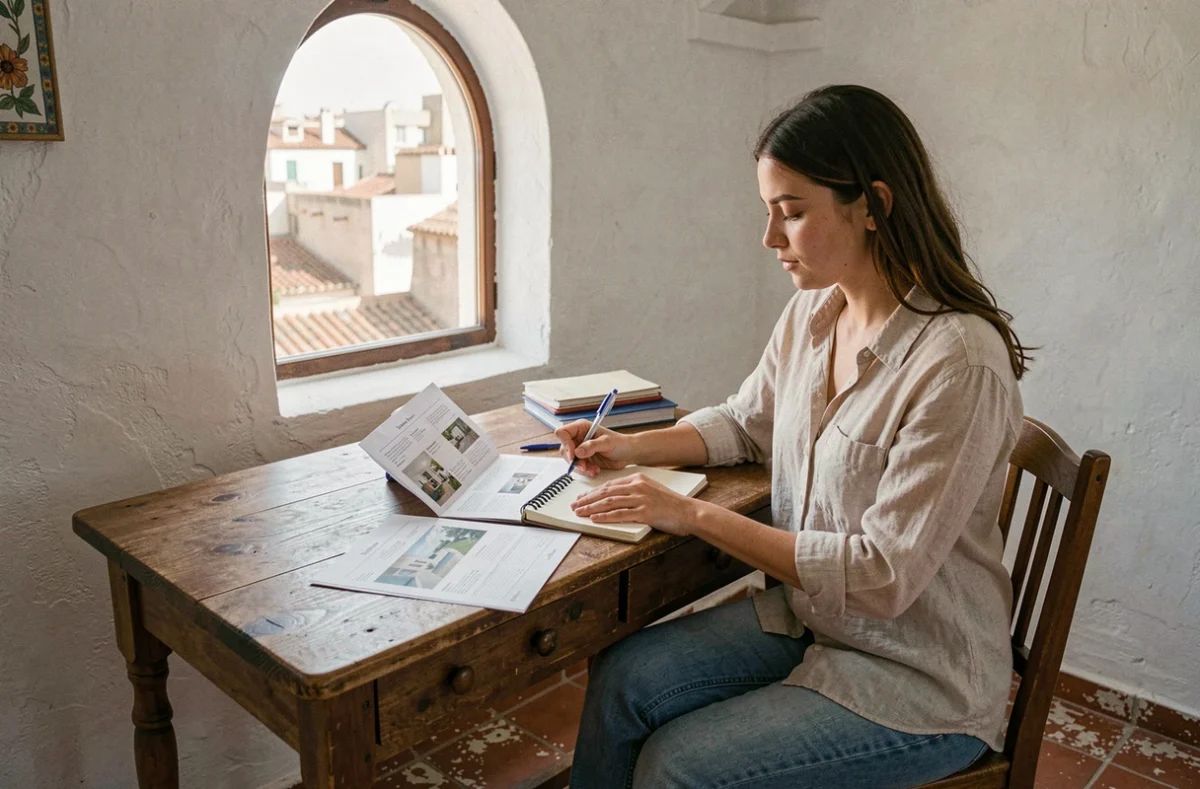 Étudiante cherchant un appartement à louer à Essaouira, assise à un bureau dans un appartement typique de la médina avec des murs blanchis à la chaux