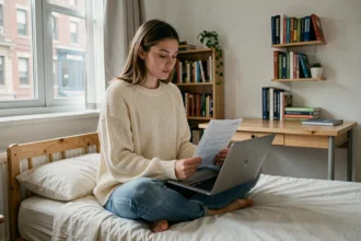 Étudiante consultant des documents d'assurance habitation sur son ordinateur portable dans un studio meublé