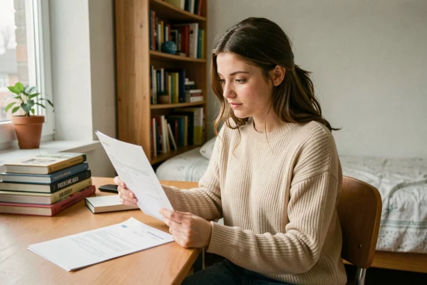 Étudiante consultant un contrat d'assurance habitation dans son studio universitaire