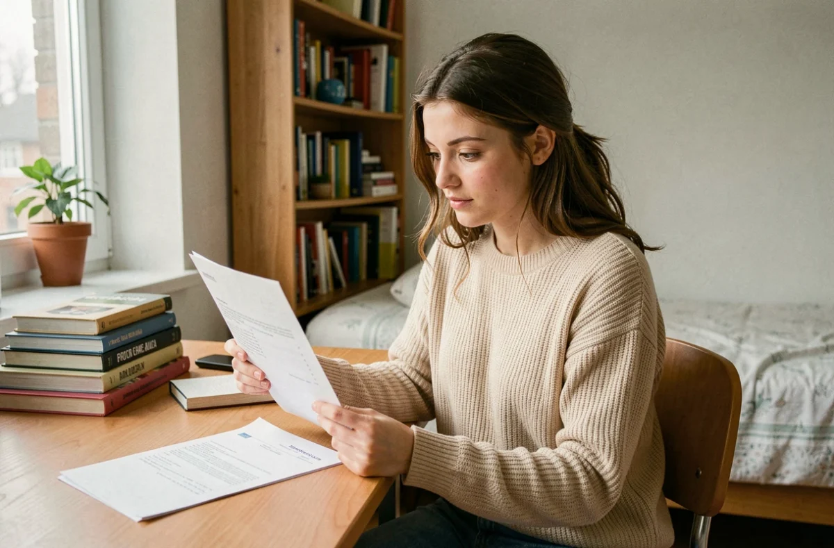 Étudiante consultant un contrat d'assurance habitation dans son studio universitaire