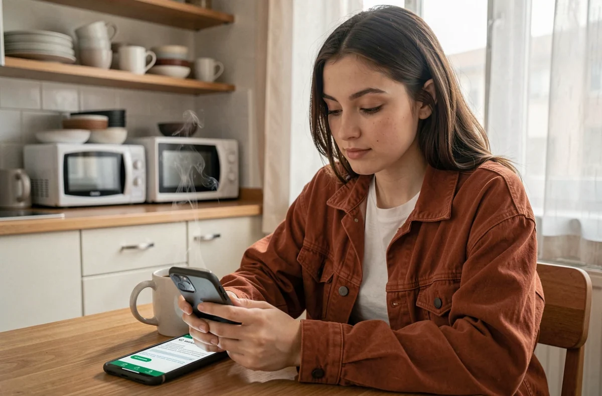 Étudiante souscrivant une assurance habitation en ligne depuis son téléphone dans sa cuisine
