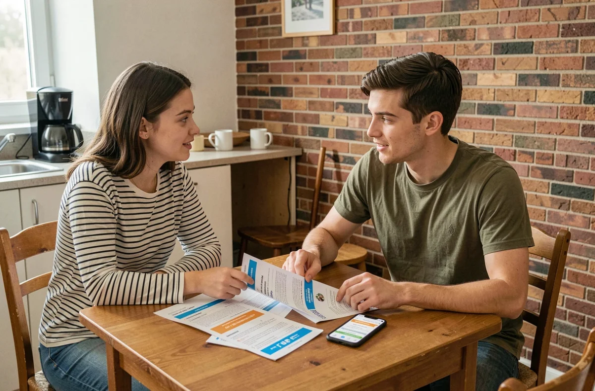Deux étudiants comparant des offres d'assurance habitation pour leur appartement meublé partagé