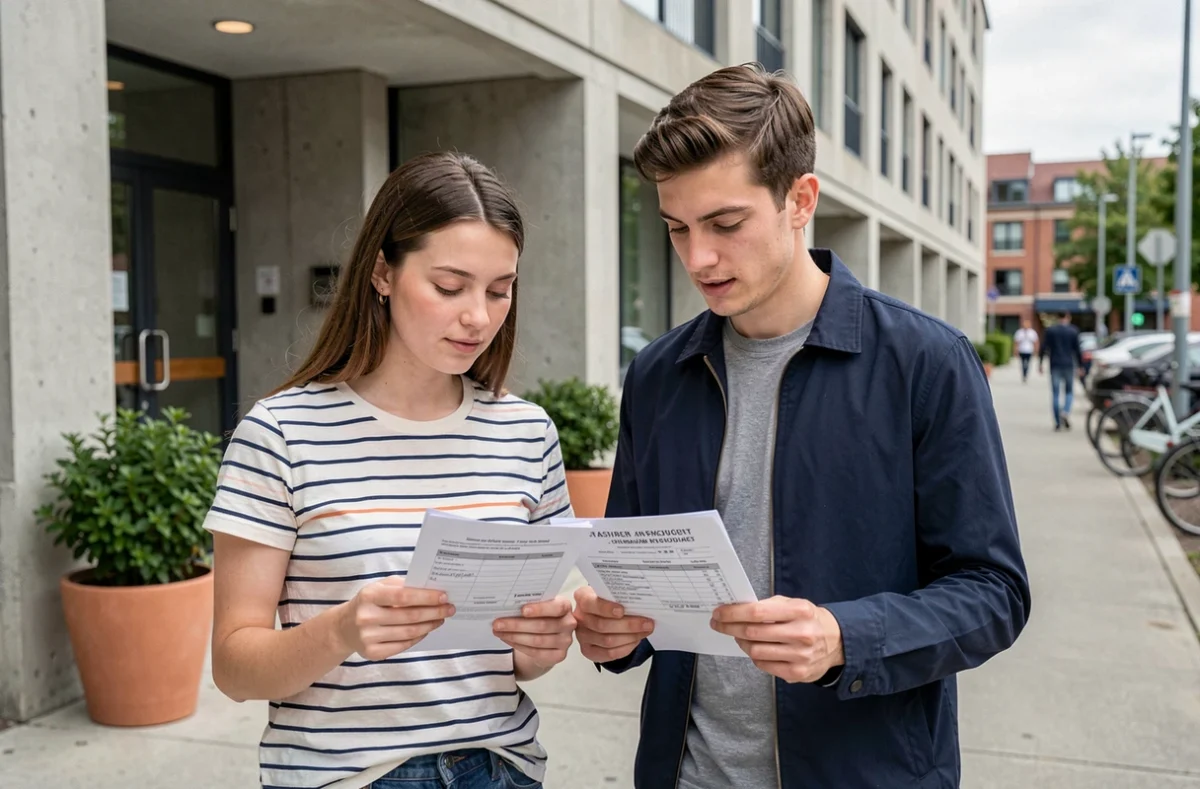 Deux étudiants consultant un devis d'assurance habitation devant une résidence universitaire