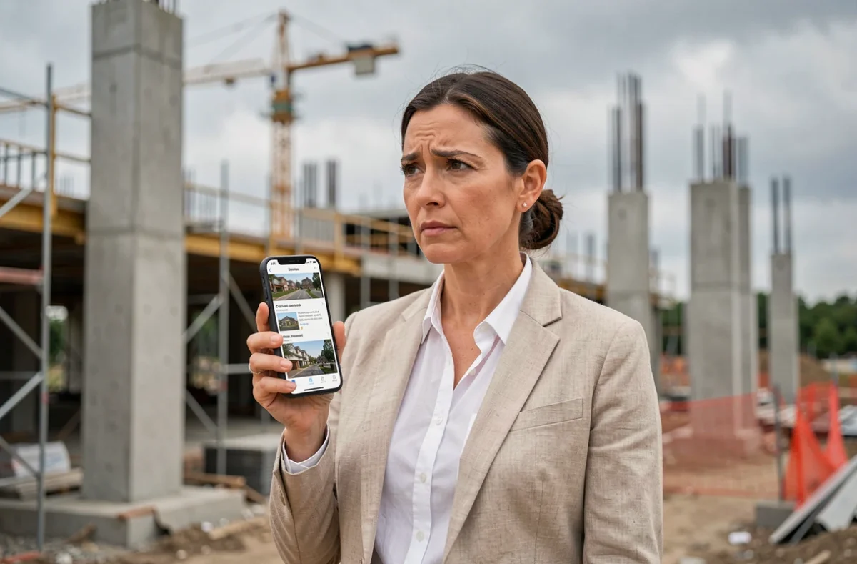 Une femme devant un chantier de construction immobilière consulte son téléphone, symbolisant l'évaluation d'un promoteur comme Kalimmo avant un achat