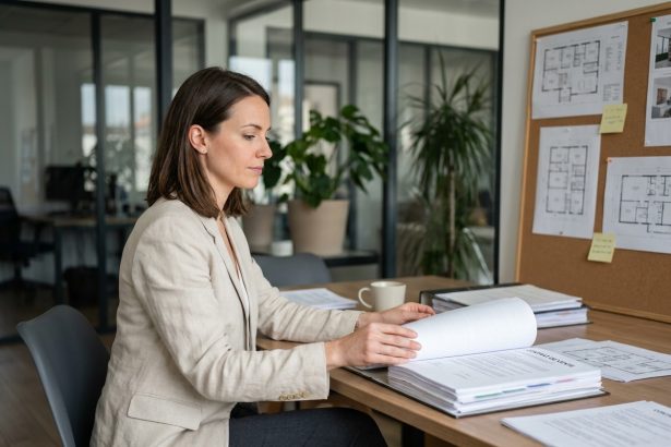 Femme en blazer beige examinant un contrat de vente immobilier dans une agence moderne avant la signature chez le notaire