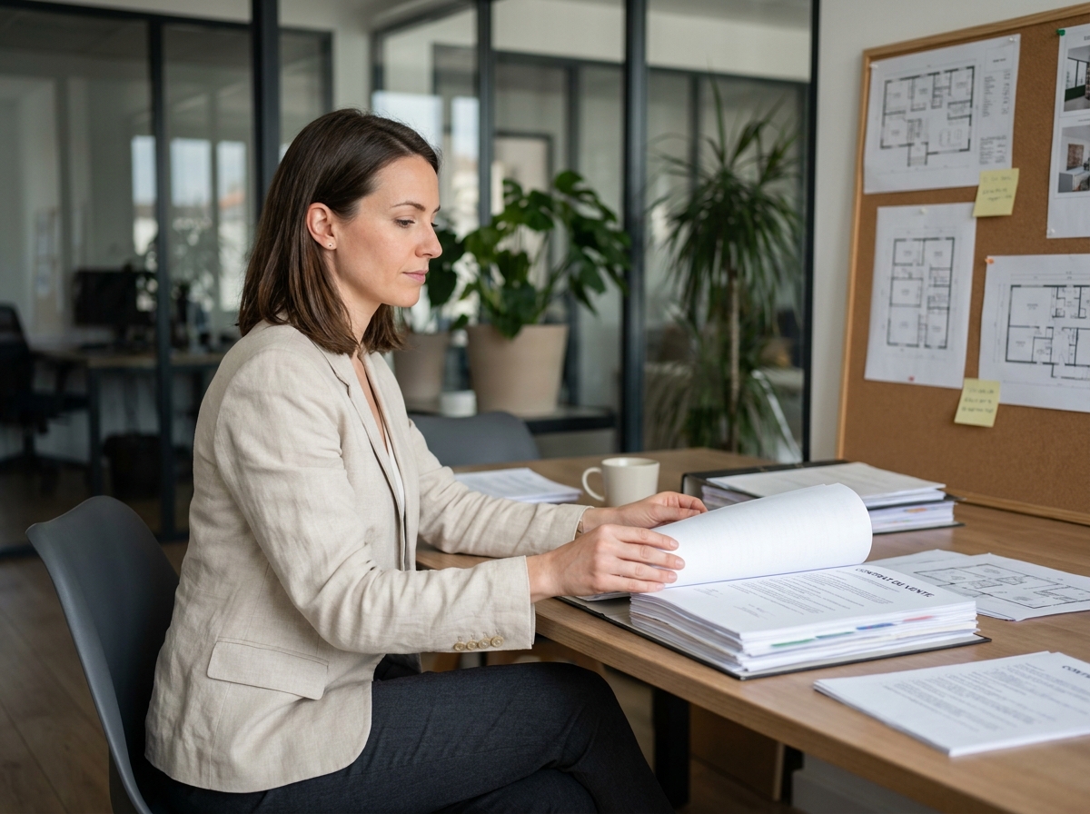 Femme en blazer beige examinant un contrat de vente immobilier dans une agence moderne avant la signature chez le notaire