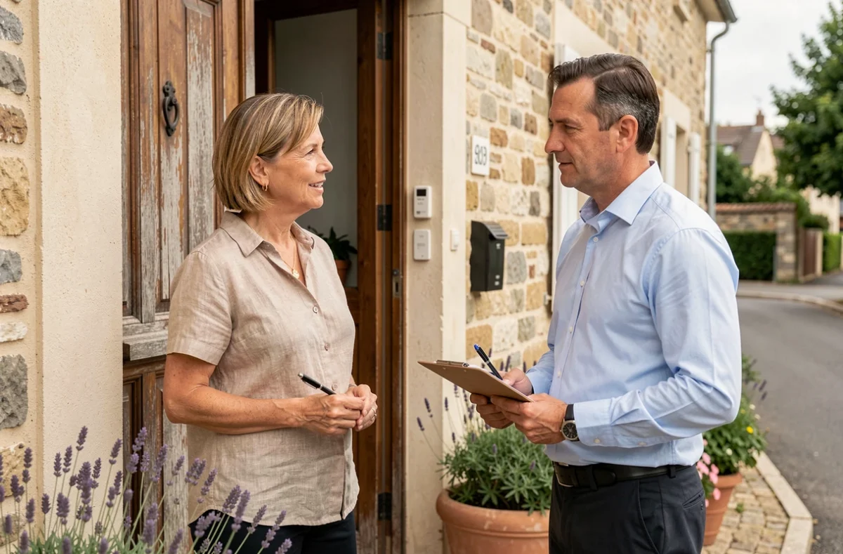 Propriétaire discutant avec un expert en assurance habitation devant sa maison