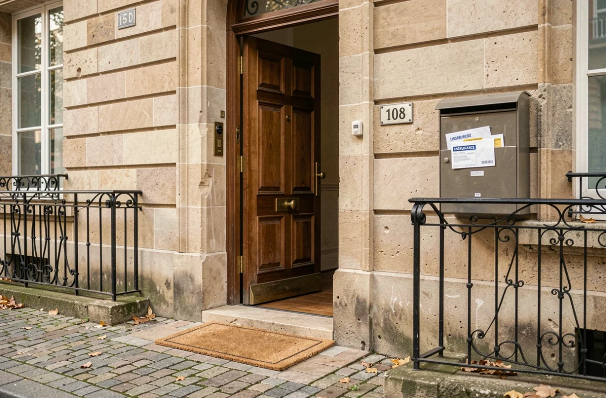 Façade d'un immeuble résidentiel français avec boîte aux lettres et courrier d'assurance habitation