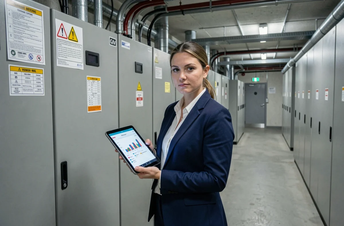 Responsable de facility management consultant un graphique d'index tarifaire électrique devant un tableau de distribution industriel