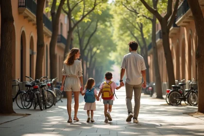 Famille avec enfants marchant vers une école dans un quartier résidentiel de Barcelone